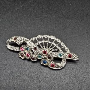 Art Deco Colorful Rhinestone Brooch 1940's Pot Metal Pink Purple Blue Vintage